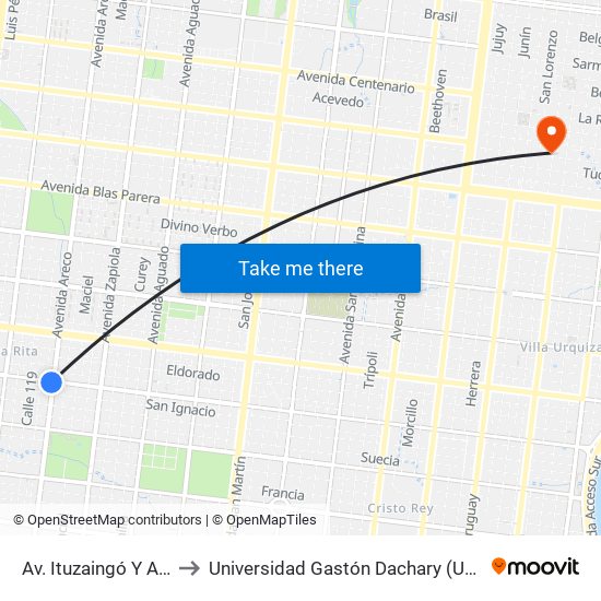 Av. Ituzaingó  Y Av. Areco (115) to Universidad Gastón Dachary (Ugd) - Sede Administrativa map
