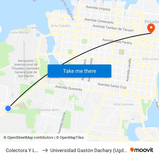 Colectora Y Los Zorzales to Universidad Gastón Dachary (Ugd) - Sede Administrativa map