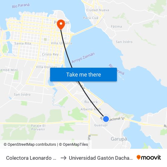 Colectora Leonardo Favio Y Calle Caraguatay to Universidad Gastón Dachary (Ugd) - Sede Administrativa map