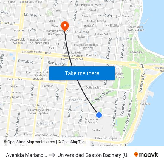 Avenida Mariano Moreno, 1324 to Universidad Gastón Dachary (Ugd) - Sede Administrativa map