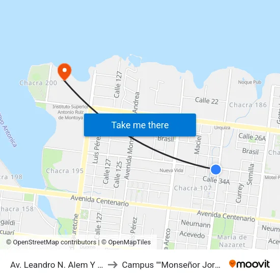 Av. Leandro N. Alem Y Av. Zapiola to Campus ""Monseñor Jorge Kemerer"" map