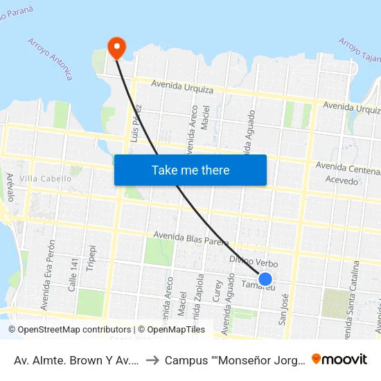 Av. Almte. Brown Y Av. Las Heras to Campus ""Monseñor Jorge Kemerer"" map