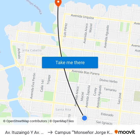 Av. Ituzaingó Y Av. Zapiola to Campus ""Monseñor Jorge Kemerer"" map
