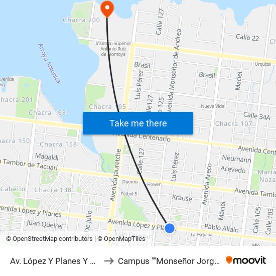 Av. López Y Planes Y Calle Pérez to Campus ""Monseñor Jorge Kemerer"" map