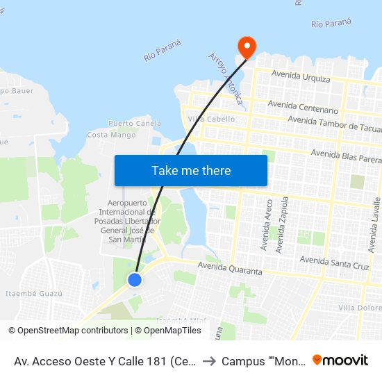 Av. Acceso Oeste Y Calle 181 (Centro Provincial De Alto Rendimiento Deportivo) to Campus ""Monseñor Jorge Kemerer"" map