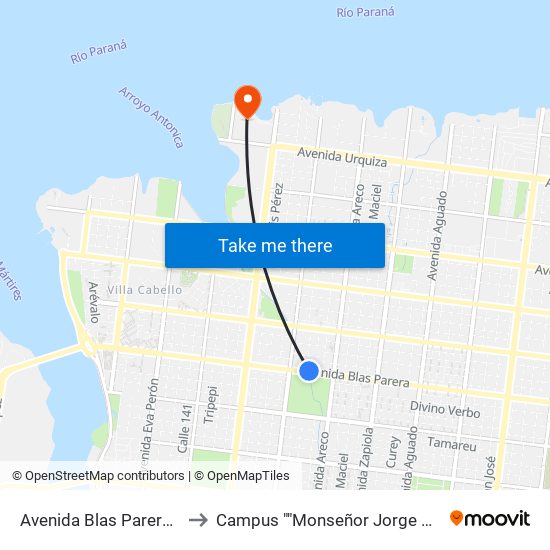 Avenida Blas Parera, 5919 to Campus ""Monseñor Jorge Kemerer"" map