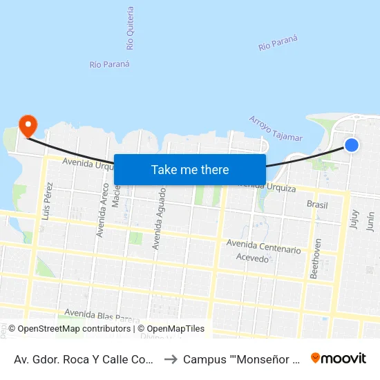 Av. Gdor. Roca Y Calle Combate De Mbororé to Campus ""Monseñor Jorge Kemerer"" map