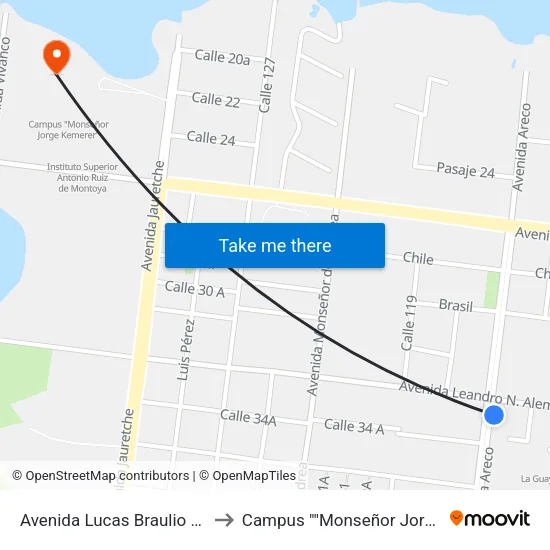 Avenida Lucas Braulio Areco, 1611 to Campus ""Monseñor Jorge Kemerer"" map
