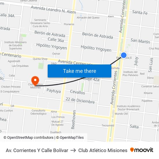 Av. Corrientes Y Calle Bolívar to Club Atlético Misiones map