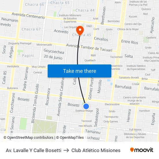 Av. Lavalle Y Calle Bosetti to Club Atlético Misiones map