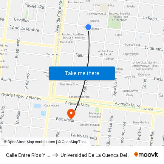 Calle Entre Ríos Y Calle San Luis to Universidad De La Cuenca Del Plata - Sede Posadas map