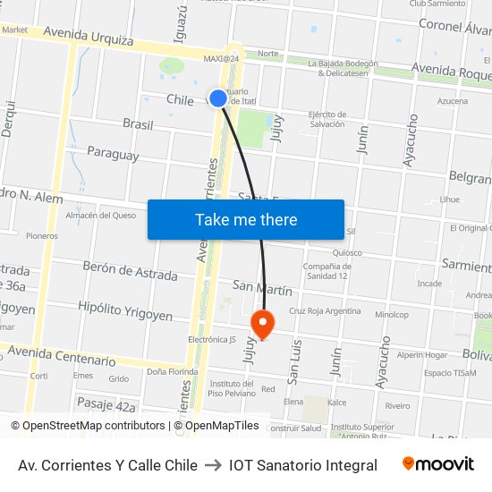 Av. Corrientes Y Calle Chile to IOT Sanatorio Integral map