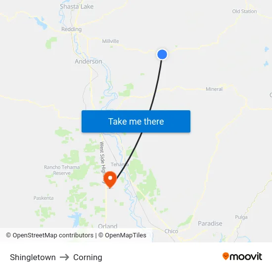 Shingletown to Corning map