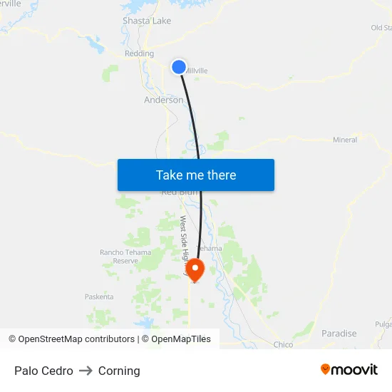 Palo Cedro to Corning map
