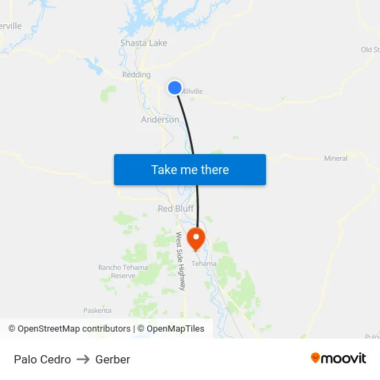 Palo Cedro to Gerber map