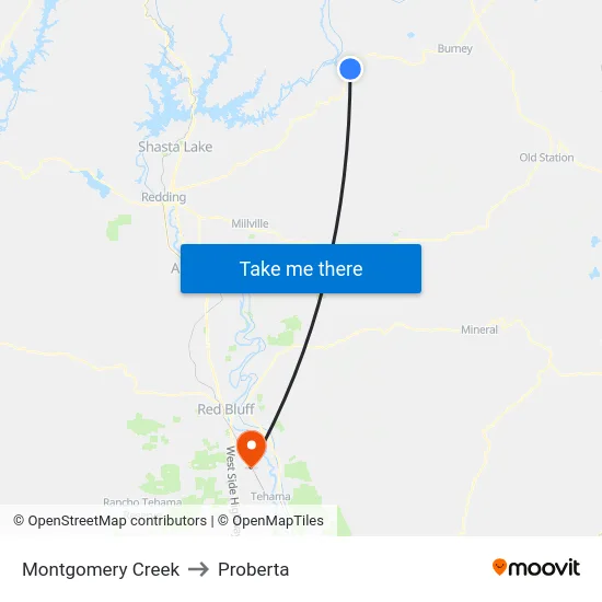 Montgomery Creek to Proberta map