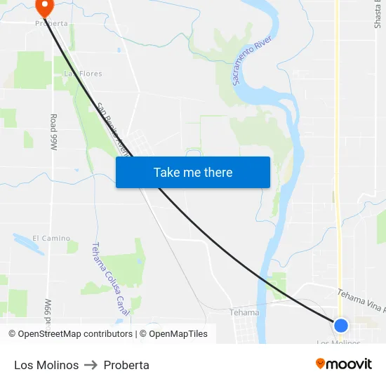 Los Molinos to Proberta map