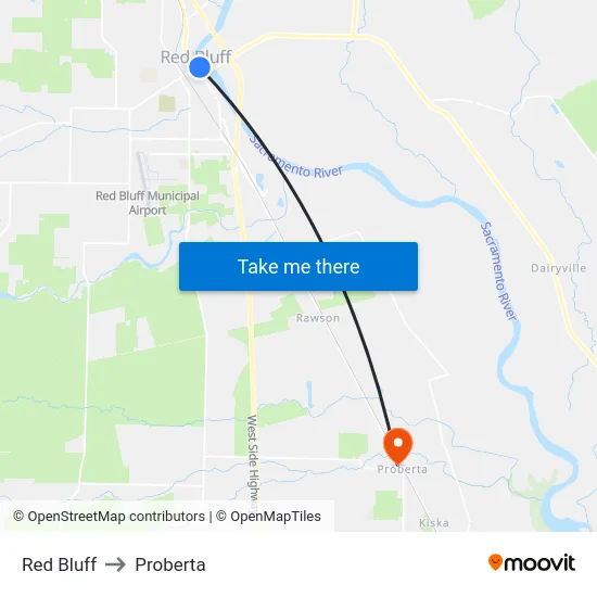 Red Bluff to Proberta map