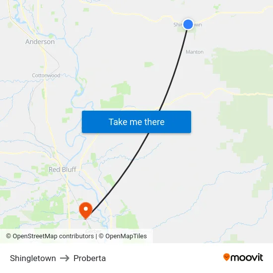 Shingletown to Proberta map
