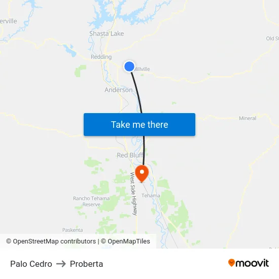 Palo Cedro to Proberta map