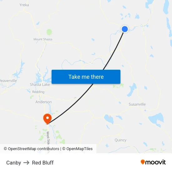 Canby to Red Bluff map