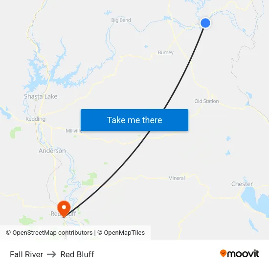Fall River to Red Bluff map