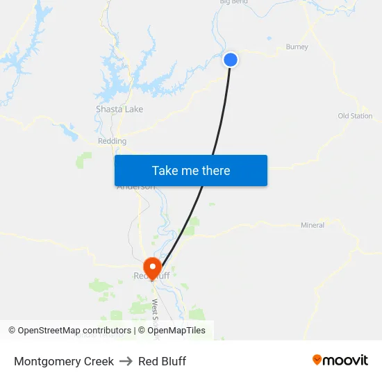Montgomery Creek to Red Bluff map
