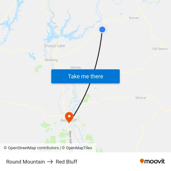 Round Mountain to Red Bluff map