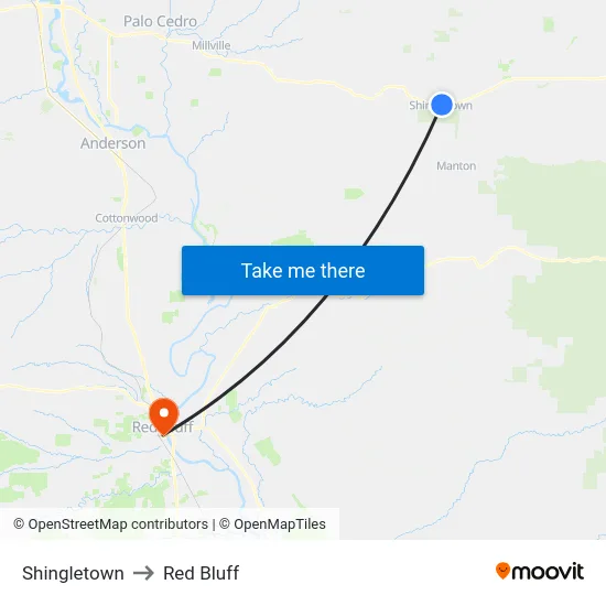 Shingletown to Red Bluff map