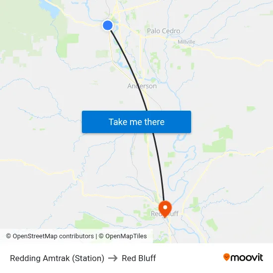 Redding Amtrak (Station) to Red Bluff map