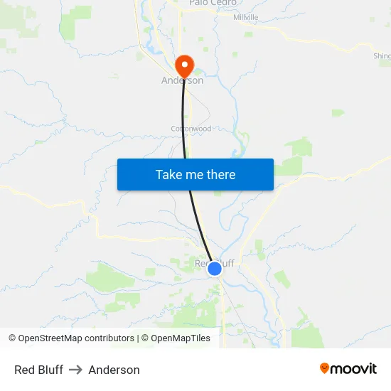 Red Bluff to Anderson map