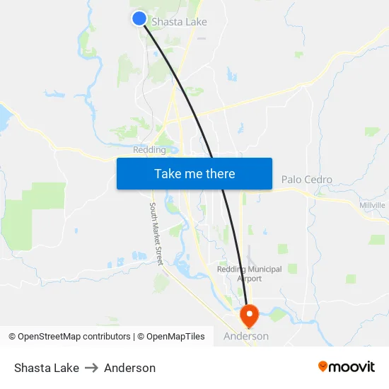 Shasta Lake to Anderson map
