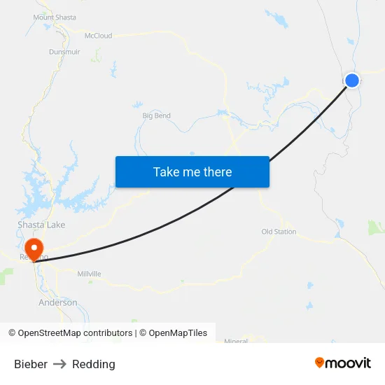 Bieber to Redding map