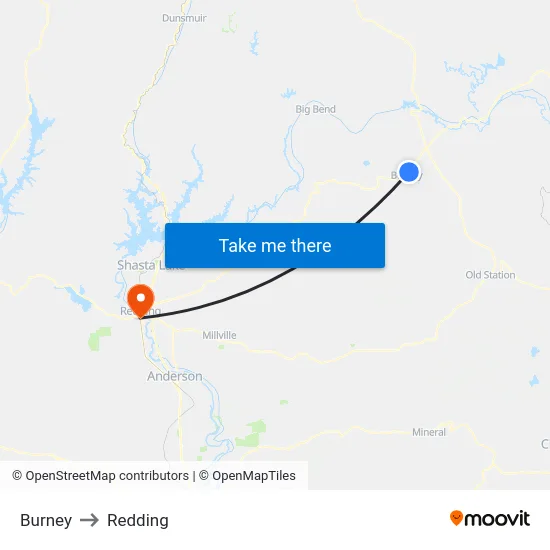Burney to Redding map