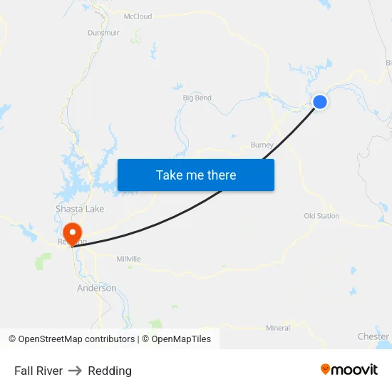 Fall River to Redding map