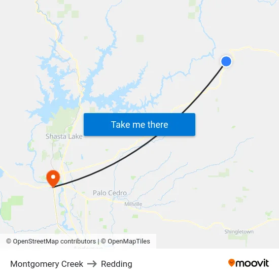Montgomery Creek to Redding map