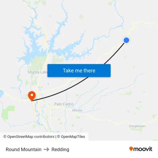 Round Mountain to Redding map