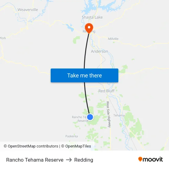 Rancho Tehama Reserve to Redding map