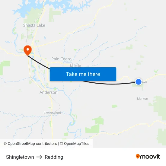 Shingletown to Redding map