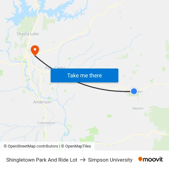 Shingletown Park And Ride Lot to Simpson University map