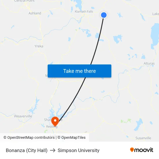 Bonanza (City Hall) to Simpson University map
