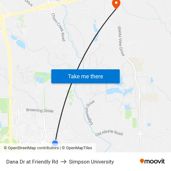 Dana Dr at Friendly Rd to Simpson University map