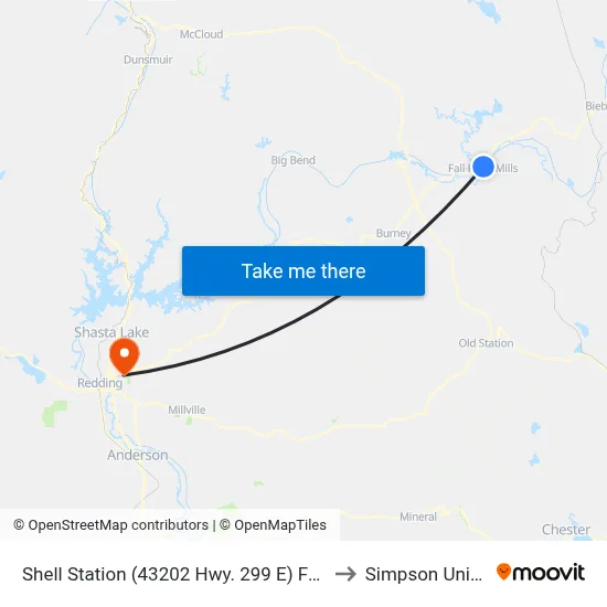 Shell Station (43202 Hwy. 299 E) Fall River Mills to Simpson University map