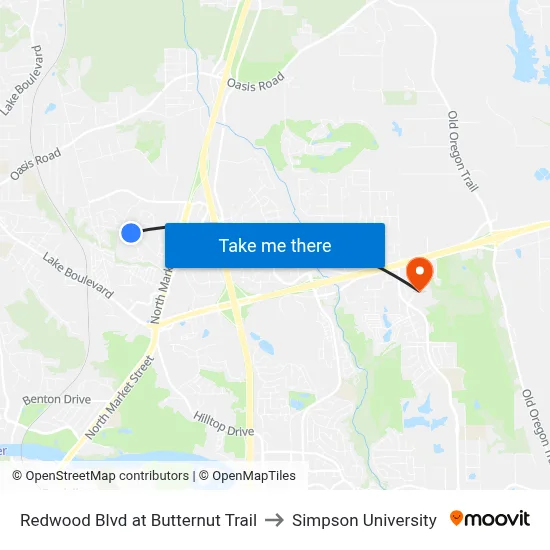 Redwood Blvd at Butternut Trail to Simpson University map
