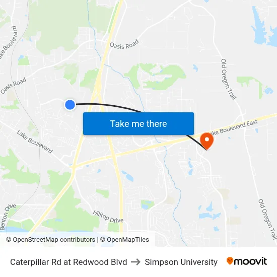 Caterpillar Rd at Redwood Blvd to Simpson University map