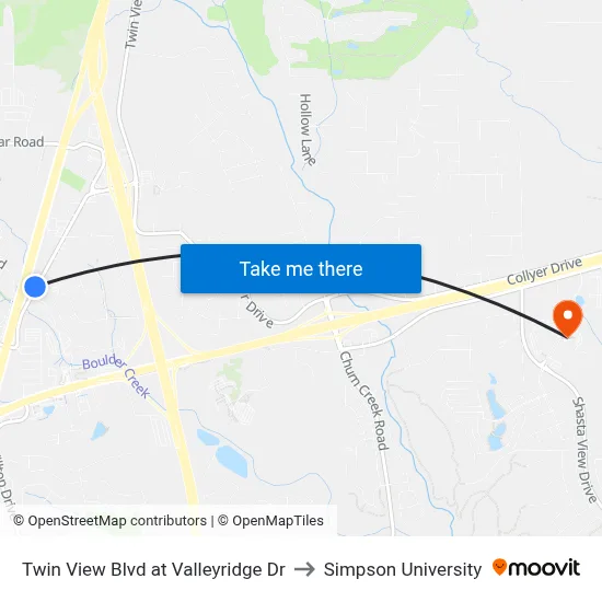 Twin View Blvd at Valleyridge Dr to Simpson University map