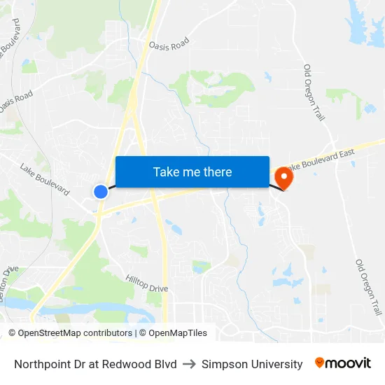 Northpoint Dr at Redwood Blvd to Simpson University map