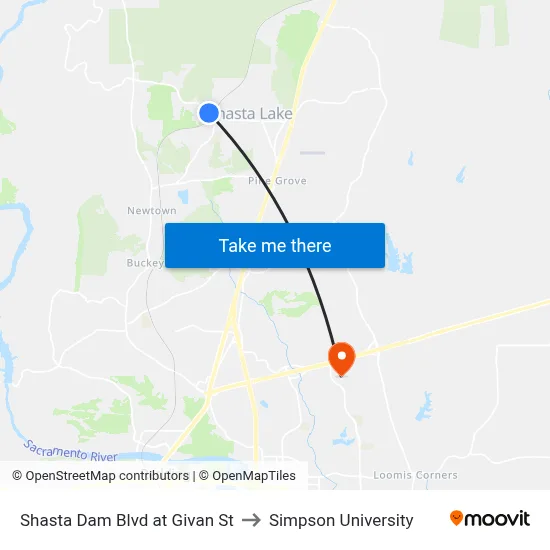 Shasta Dam Blvd at Givan St to Simpson University map
