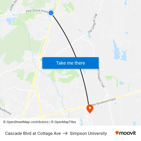 Cascade Blvd at Cottage Ave to Simpson University map
