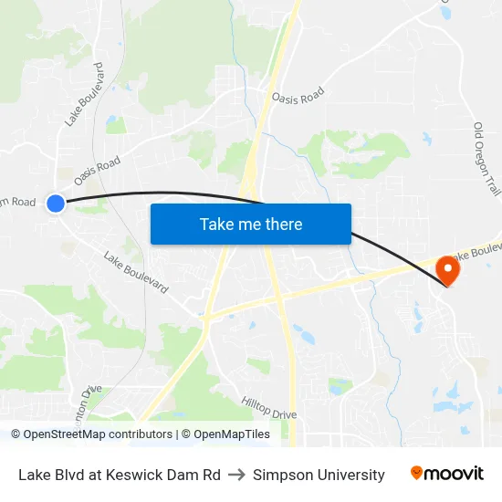 Lake Blvd at Keswick Dam Rd to Simpson University map